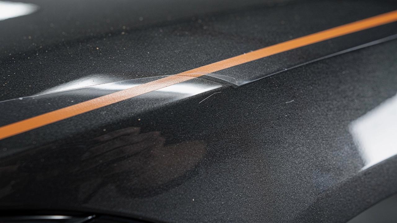 Macro view of a film cut line running along a car panel edge under studio light
